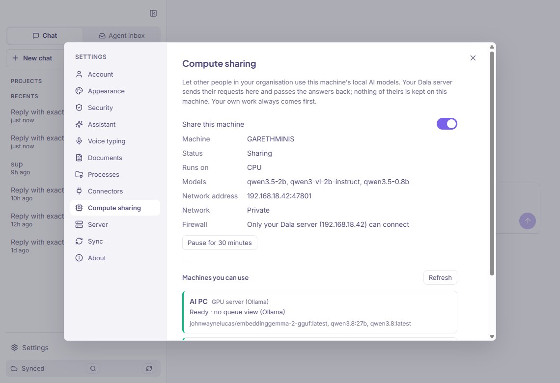 Juba Desktop, Settings, Compute sharing: Share this machine is on, with its models listed, and a GPU server under Machines you can use.