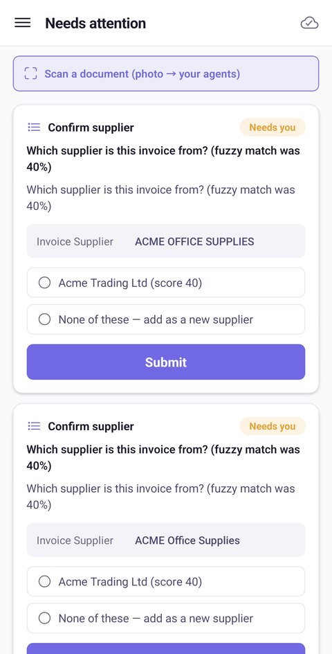 Juba phone app, Needs attention: a supplier question with answers to pick and a Submit button.